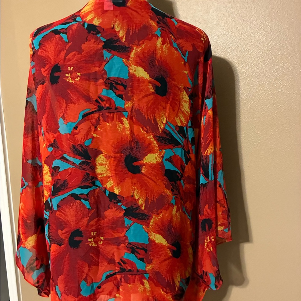 New York & Company Red Floral Top with Teal Accents - Picture 6 of 7